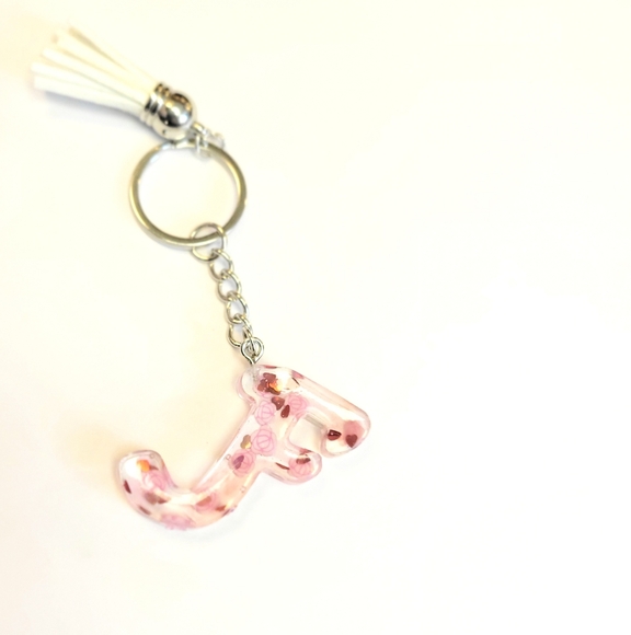 Personalizd 1.5" Resin Letter F Pink Floral & Heart Keychain with Tassel - Picture 2 of 4